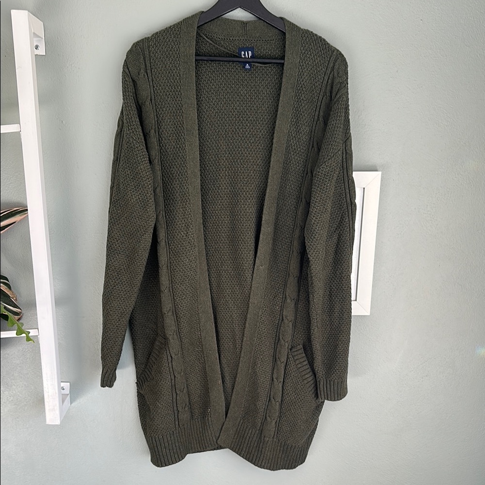 GAP Cable Knit Olive Green Long Cardigan, medium TALL, cotton